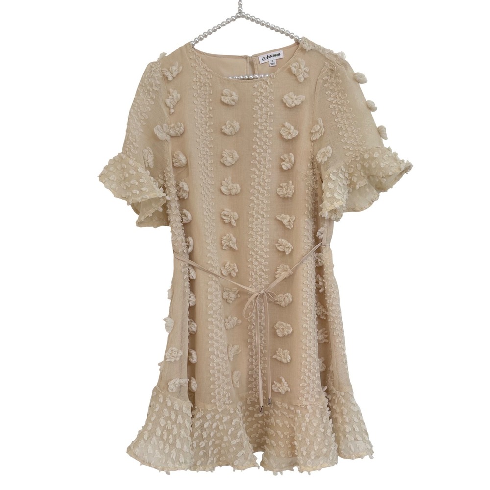 Macaron Beige 3D Floral Pom Pom Mini Dress Ruffle Sleeve Skirt Coquette Indie S